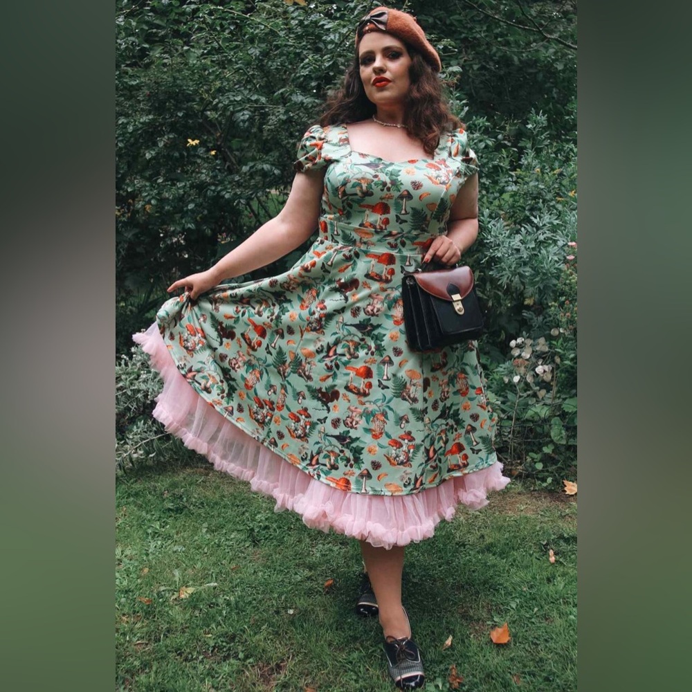 Dolly & Dotty 1950s Green Forest Mushroom Print Claudia Swing Dress, UK 12/US 8 - Picture 7 of 11
